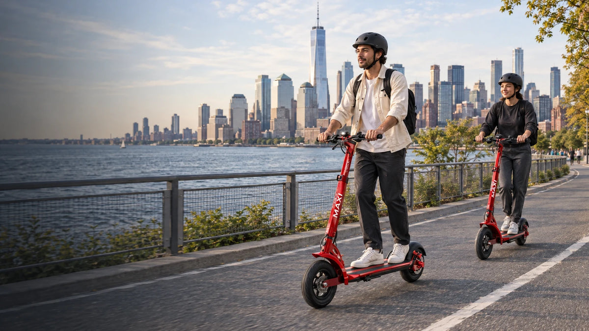 Helmeted riders on red Maxi electric scooters beside the New York waterfront skyline.